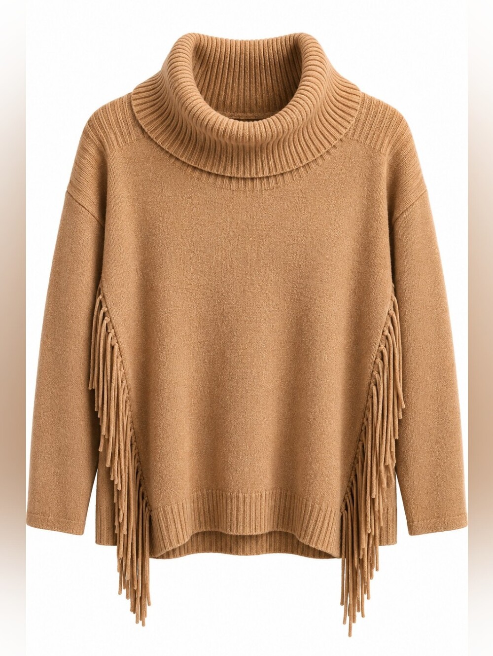 Picadilly Canada Camel Cowl Neck Fringe Sweater, L, Western, Boho, Equestrian